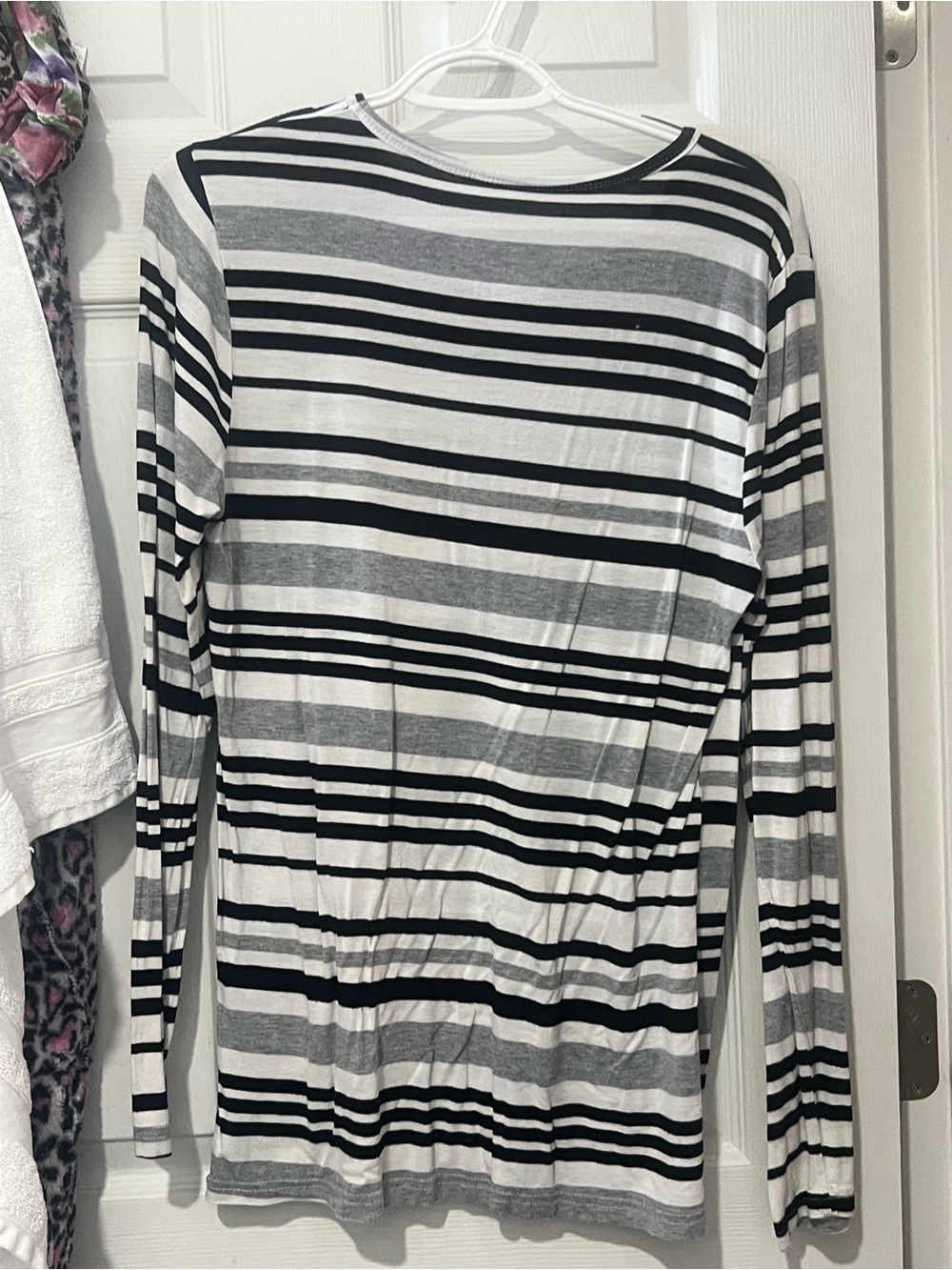 WonderWink Black, White & Gray Striped Long Sleeve Top